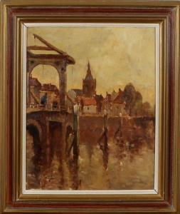 HOOS French 1884-1966,Dutch canal with drawbridge and figures,Twents Veilinghuis NL 2013-10-18