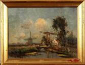 HOOS French 1884-1966,Dutch landscape with windmill and drawbridges,Twents Veilinghuis NL 2013-07-05