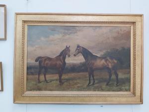 HOPKINS WILLIAM H. 1853-1890,two Bay horses in meadow with landscape beyond,1880,TW Gaze 2022-08-23