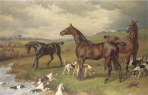 HOPKINS william h,A hunting scene, with horses and hounds in the for,1885,Christie's GB 2006-05-19