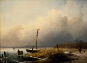 HOPPENBROUWERS Johannes Franciscus 1819-1866,Bevroren meer met figuren bij boot in de ri,Venduehuis 2024-02-28