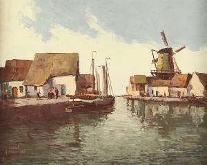 HOPPMANN Hein 1901-1982,Niederländischer Hafen mit Windmühle,Von Zengen DE 2020-09-04