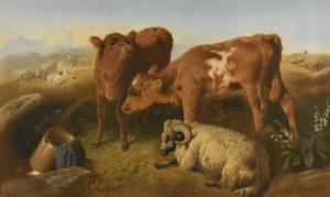HORLOR George W 1823-1895,Two calves and a sheep by an upturned bucket chromo,Cheffins GB 2018-09-12