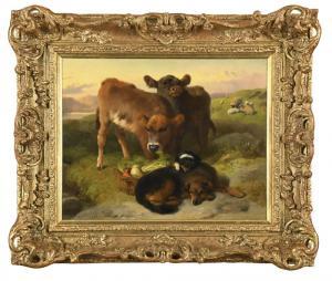 Horlor George William,Two calves, a bitch and a puppy by a basket of veg,1888,Cheffins 2018-11-28