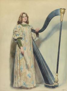 HORN Carl 1874-1945,Full Length Portrait of Young Female Harp Player,Burchard US 2019-06-30