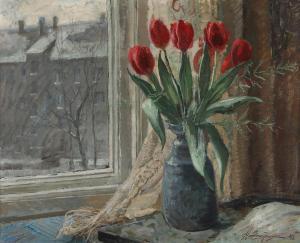 HORNUNG JENSEN Carl 1882-1960,Red tulips on a windowsill,1942,Bruun Rasmussen DK 2023-10-23