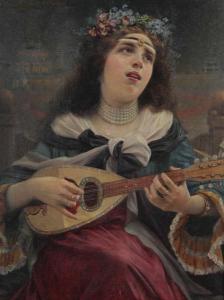 HOSTE PROSPER 1881-1921,Jonge vrouw met mandoline voorlagune,1913,Bernaerts BE 2011-04-04