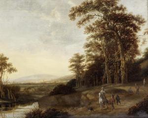 HOUTHUYSEN van Jan Jansz,Travellers on a country path, in a river landscape,Bonhams 2014-04-30