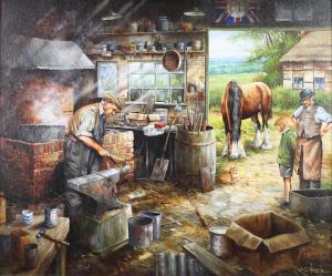 HOWELLS Christopher D 1950,blacksmiths interior scene with figures and horse,Denhams GB 2020-09-09