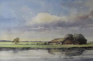 HOWLETT Graham 1943-2021,Rural landscape depicting water meadows with barn,,TW Gaze GB 2017-07-29
