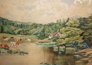 hoy E.J 1919,Idyllic Summer Landscape with Kingfisher and Cattle by a Cottage,Keys GB 2011-12-09