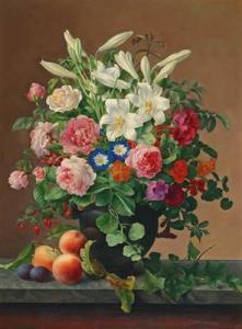 HOYER Peter Julius 1827-1905,Roses and lilies in a vase, with peaches and plu,1875,Palais Dorotheum 2016-10-20
