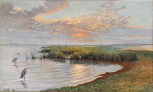 HOYRUP Carl 1893-1961,The sun setting over a fiord with herons standing ,Bruun Rasmussen 2018-02-26