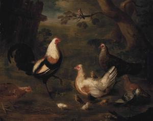 HUBER Louis Édouard,A duckwing game cock, hens and chicks in a farm, a,Christie's 2013-12-03