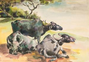 HUBNER karl,Drei Büffel in weiter Landschaft an Waldesrand,Auktionshaus Dr. Fischer 2014-05-16