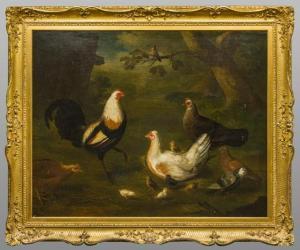 HUBNER Louis 1694-1769,A Duckwing Game Cock, Hens and Chicks in a Farm,,Rowley Fine Art Auctioneers 2019-02-16