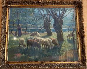 HUGREL Claude Honoré 1880-1944,Bergère et moutons au pâturage lematin,1907,Eric Caudron 2022-11-04
