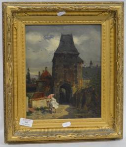 HUHLSTEINER R,Lady riding a donkey leaving a tower,Gilding's GB 2017-06-20