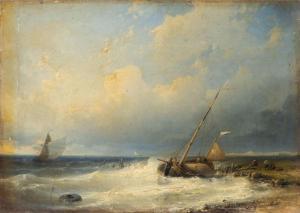 HULK Abraham I 1813-1897,Een vissersboot op woelig water aan de kust,Venduehuis NL 2024-02-28