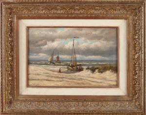 HULK Hendrick 1842-1937,Dutch beach scene with barges and fishermen,Twents Veilinghuis NL 2021-07-08