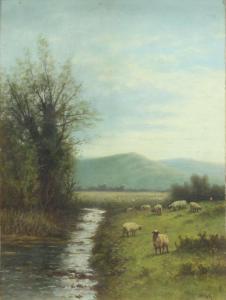 HULK William Frederick,study of sheep beside a stream with distant hills,Denhams 2022-09-21