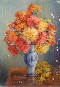 HULLENSTEINER J. Aign,A still life of dahlias in a blue vase on a table,Dickins GB 2009-06-13