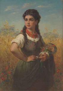 HUMBERT August 1827-1898,Junge Bäuerin mit Wiesenblumenstrauß und Handsiche,Arnold DE 2008-03-01
