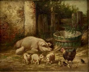 HUNT H.T.,A farmyard scene with piglets,1900,Reeman Dansie GB 2022-08-21