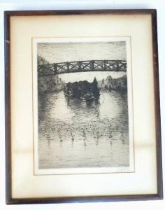 HUNT Leigh Harrison 1858-1937,a barge traveling under a footbridge,1911,Locati US 2008-10-23