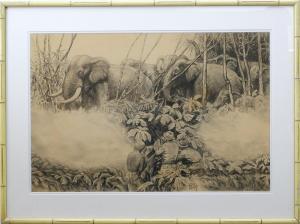 HUNT Lynn Bogue 1878-1960,hunters and a guide near a herd of elephant,Guyette & Schmidt 2024-02-10