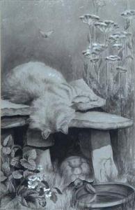 HUNT MURIEL 1900-1906,A kitten peering over a stone ledge at a tortoise,Mallams GB 2010-05-27
