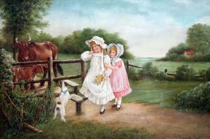 HUNT Reuben 1879-1962,children and dog crossing a stile into a field wit,Warren & Wignall 2020-11-25
