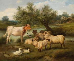HUNT Walter,FLOCK OF SHEEP WITH CALF AND DUCKS BY A STREAM,1902,im Kinsky Auktionshaus 2023-06-20