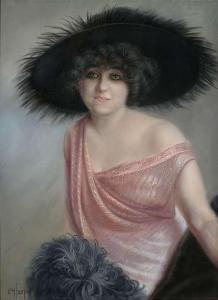 HUSTIN A,Portrait of a lady wearing a pink dress and a black hat,1924,Nagel DE 2011-02-23