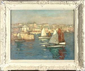 HUTTON Robert Langley 1883-1919,St Ives, high tide, sunlight and boats,David Lay GB 2020-09-17