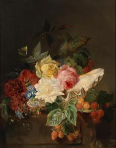 HUYGENS François Joseph,Still life with roses and raspberries on a ledge,1847,Bonhams 2023-11-15