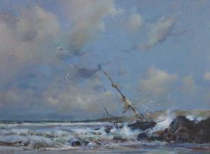 HYDE David 1929,Coastal scene with boat crashing on the rocks,Gilding's GB 2023-07-18