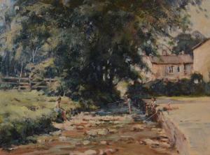 HYDE David 1929,Village scene with children playing in a stream,Gilding's GB 2023-07-18