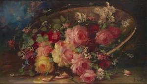 HYER Florine 1868-1936,Floral still life with roses in a basket,John Moran Auctioneers US 2021-01-26