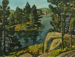 HYNDMAN Robert Stewart,a view of a watery inlet surrounded by trees,1954,John Nicholson 2022-02-09