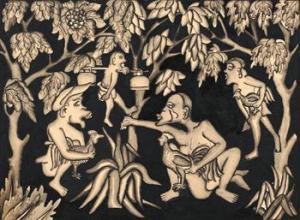 I GASEK 1930-1940,Men with Fighting Cocks in Wooded Landscape, One w,Borobudur ID 2011-10-22