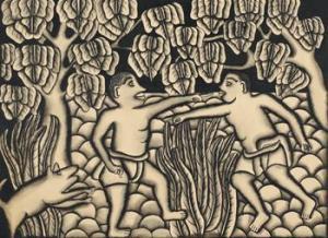 I GASEK 1930-1940,Two Men Pointing at Each Other, a Pig Leaps from the left,Borobudur ID 2011-10-22