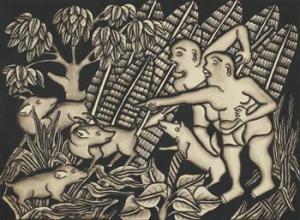 I GASEK 1930-1940,Two Men Pointing at Three Deer to the left,1937,Borobudur ID 2011-10-22