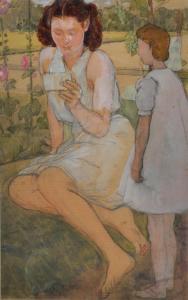 INNOCENTI Camillo 1871-1961,Luisa in giardino con la bambina,1942,Vincent Casa d'Aste IT 2024-03-23