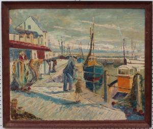 IRWIN Greville 1893-1947,Figures on a quayside, moored boats in the harbour,Hansons GB 2023-09-02