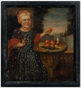 ITALIAN SCHOOL,Portrait of a child holding fruit beside a stone table,Brunk Auctions US 2009-09-12