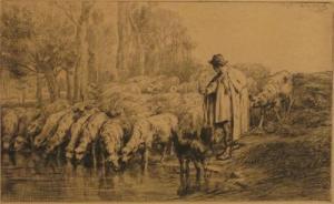JACQUE Charles Emile 1813-1894,L'Abrevous aux moutons,Mossgreen AU 2011-06-14