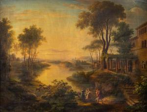JAECKEL Heinrich 1823-1876,Italian river landscape at evening light, in the f,Nagel DE 2021-07-14