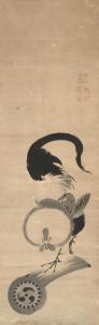 JAKUCHU Ito 1716-1800,a rooster perched on one foot on a roof tile,18th century,Bonhams 2023-09-20