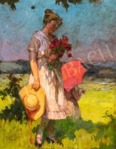 JAMBOR Lajos, Louis 1884-1955,Girl with Bouquet of Flowers,Kieselbach HU 2021-10-11